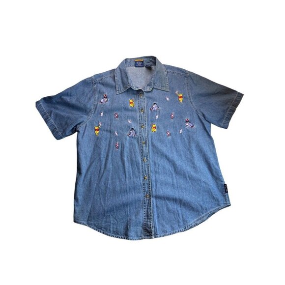 Vtg Winnie The Pooh Button Up Shirt Blue Denim Eeyore Piglet, Size 14-16 - Picture 1 of 6